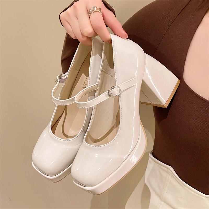 Vintage Chunky High Heels Mary Jane Shoes for Women Square Toe Thick Heel Black Lolita Shoes Patent Leather Platform Pumps Mujer