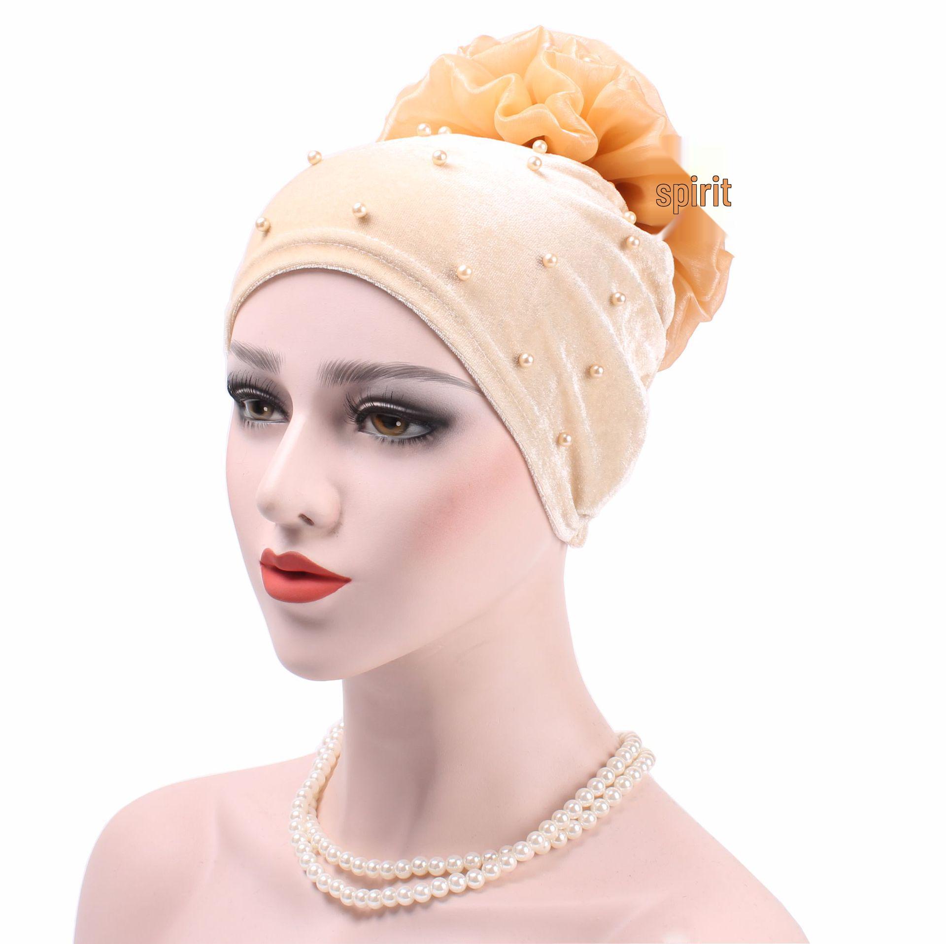 

Корейская бархатная шапка-бини с жемчугом и цветочным платком Adjustable