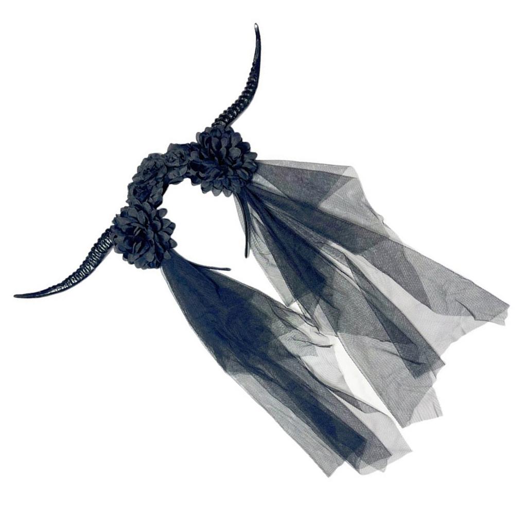Devil Horn Flower Headband with Veil Cosplay Costume Hairband Dark Series Hairhoop Day of the Death Hairband for Women