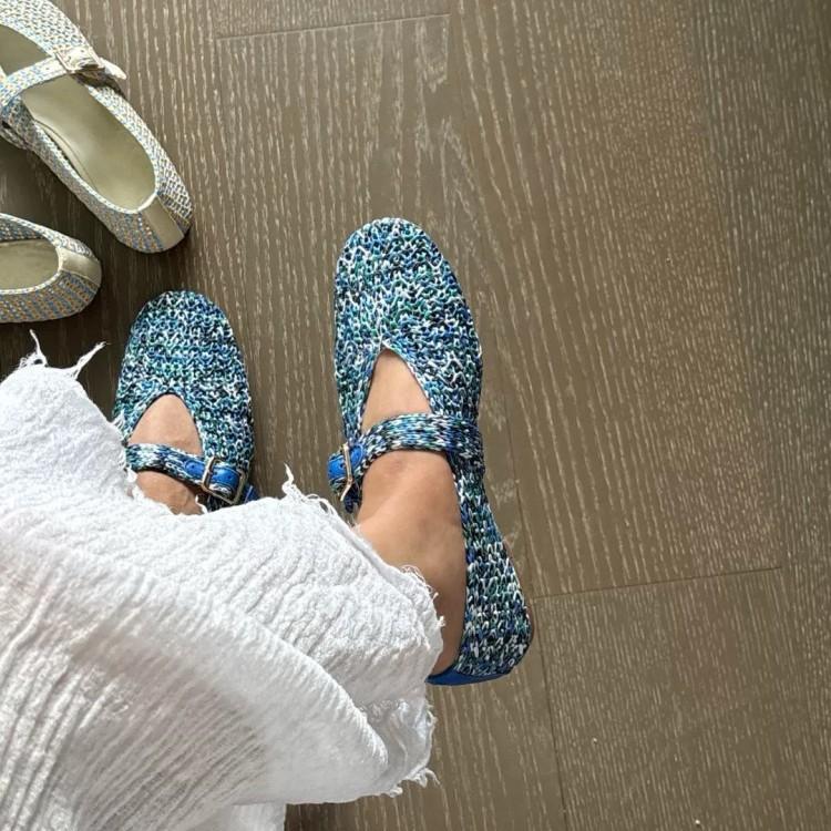 Sheepskin version~ niche new color raffia hand-woven shallow mouth Mary Jane single shoes one-word buckle sandals