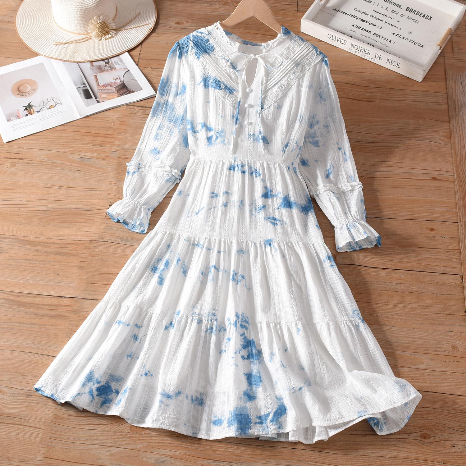 Yunnan Tie-Dye Chinese Style Women s Summer Dress, Slimming Three-Quarter Sleeve Vacation Skirt. XL