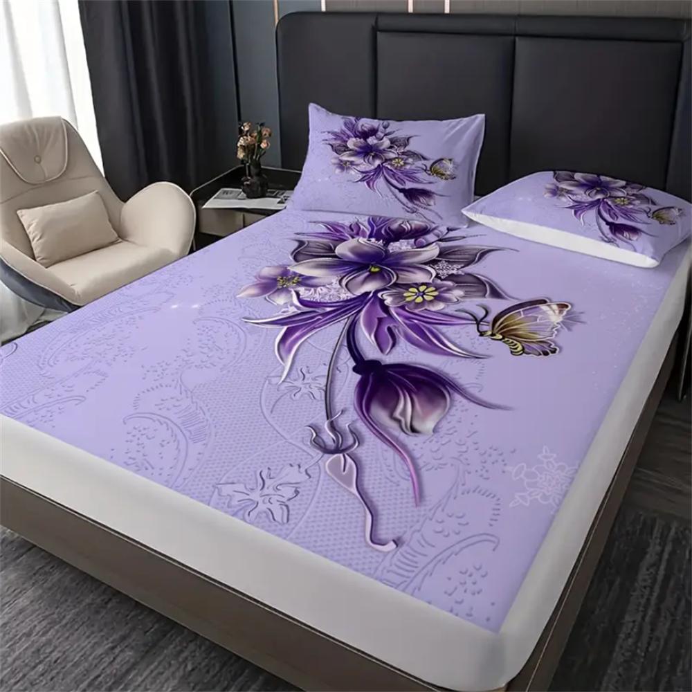 2/3pcs Elegant Butterfly Petal Flower Fitted Sheet Set - 100% Polyester, Soft, Breathable, Hypoallergenic, and Wrinkle-Resistant