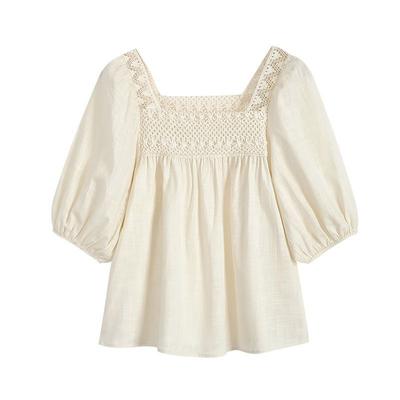 Summer Women's Puff Sleeve Square Collar Shirt Solid Color Top Short Sleeve Blouse for Women