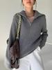 Autumn Loose Solid Color Half-Zip Knit Sweater with Turn-Down Collar for Women