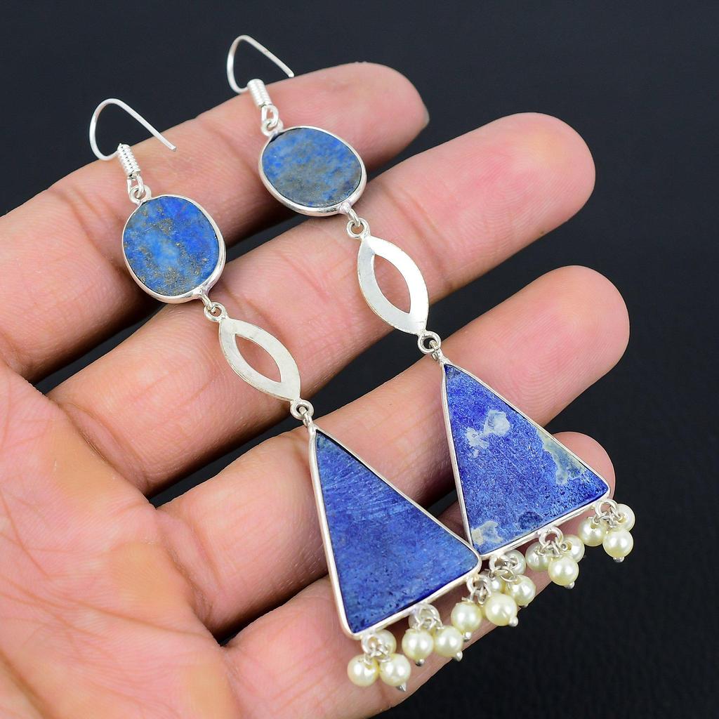 925 Silver Oval Lapis Lazuli Gemstone Dangle Drop Anniversary Earrings Jewelry