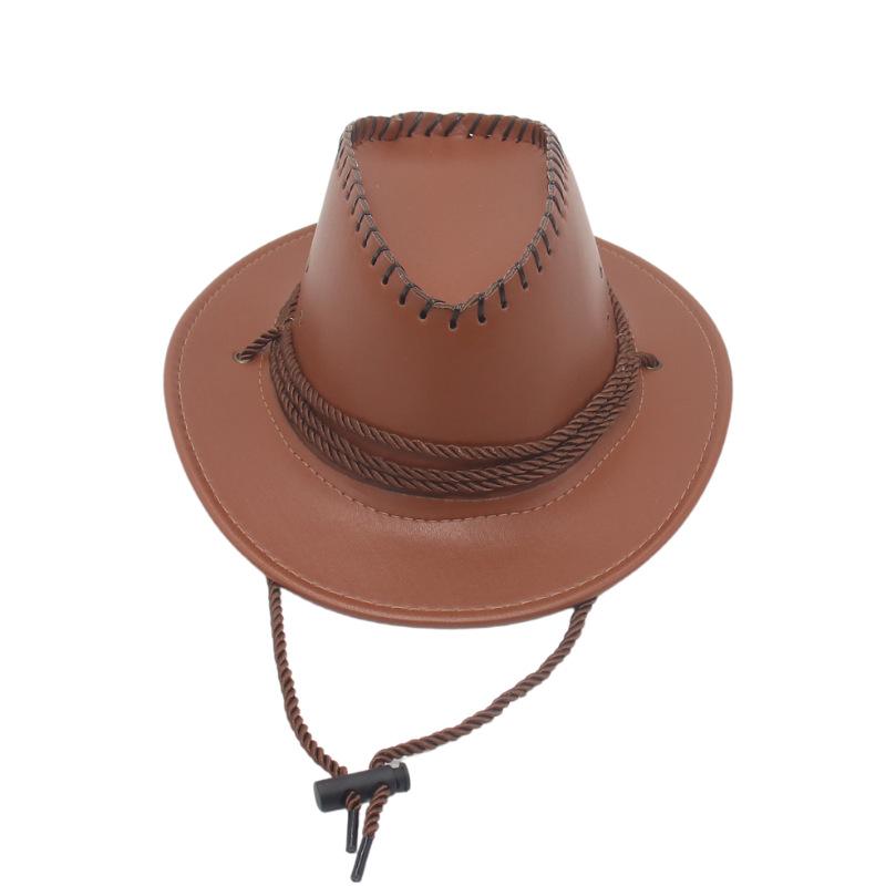Small Brim Western Imitation Leather Cowboy Hat Windbreak Rope Prairie Riding Men And Women Wear Jazz Knight Hat