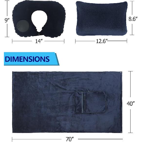 Travel Blanket and Pillow Set - Portable Inflatable Travel Neck Pillow and Premium Soft Airplane Blanket with Built-in Soft Bag, Neck Snaps, Zippered