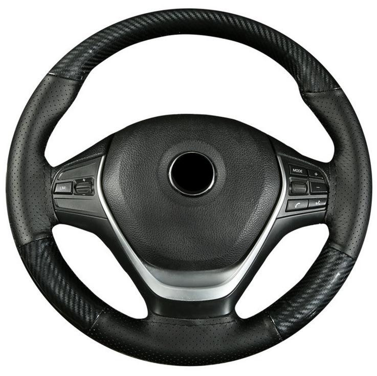 DIY Deluxe Glossy Black Carbon Fiber+Leather Car Steering Wheel Cover Trim 38cm