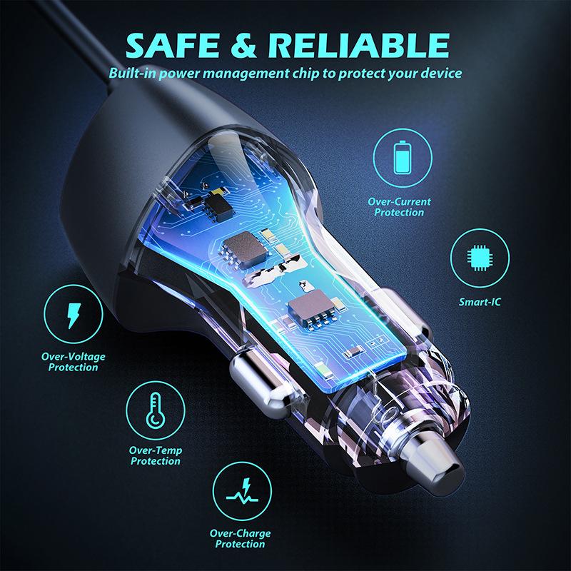 48W USB Fast Car Charger Stretch Cable Adapter for IPhone 12 11 14 15 Samsung Galaxy Android Type-c Car Charger