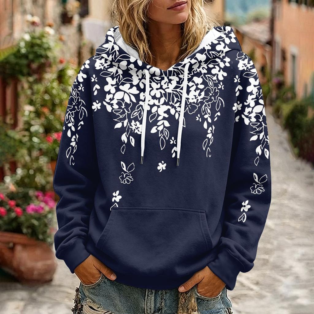 Women's Floral Print Long Sleeve Hoodie with and Pockets for Casual Wear