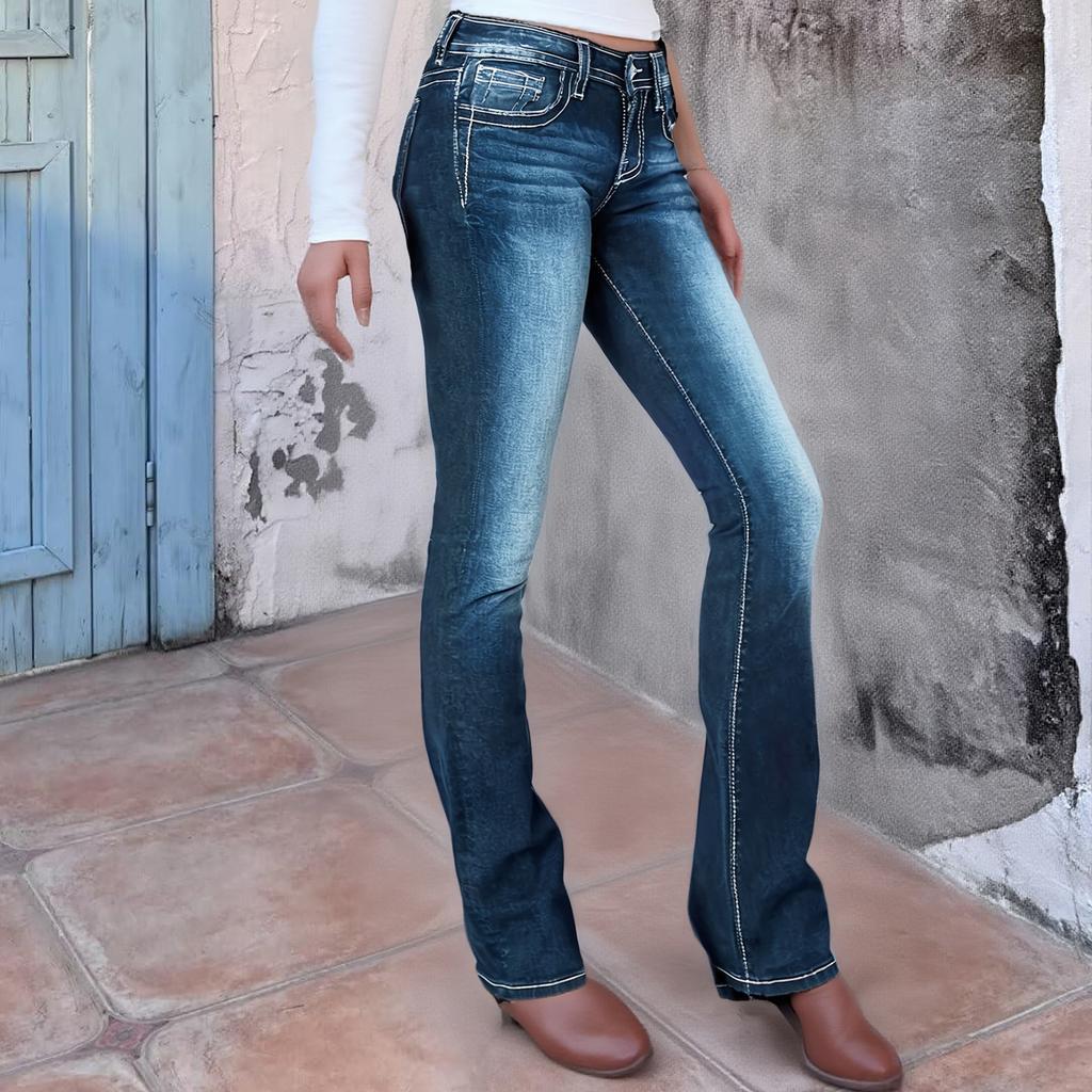Women's Mid- Stretch Jeans Fashion Straight Leg Denim Pants With Pockets