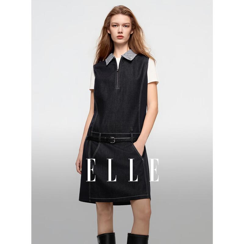 ELLE Women s Plaid Spliced Denim A-line Dress M