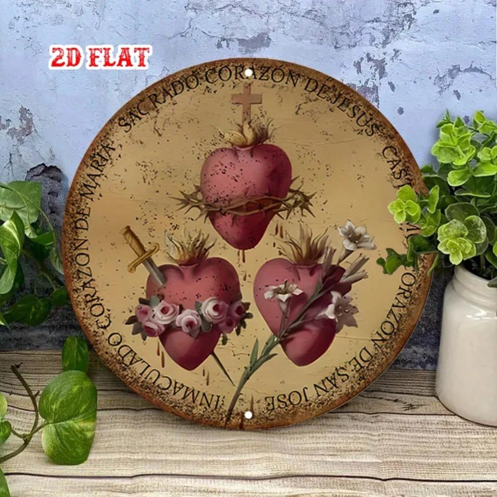 Sacred Heart Metal Wall Art 7.8 Inch Round Iron Sign Religious Rustic Home Decor Garage Cafe