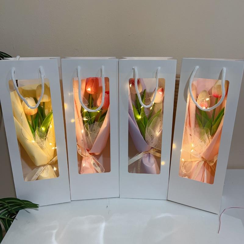 Kreativní ručně držená kytice tulipánů Háčkované květiny Puff se světelnými řetězy Ručně vyráběný dárek ke Dni učitelů, Valentýnu