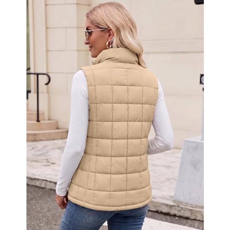 Women Sleeveless Stand Collar Zipper Quilted Plaid Warm Padded Vest