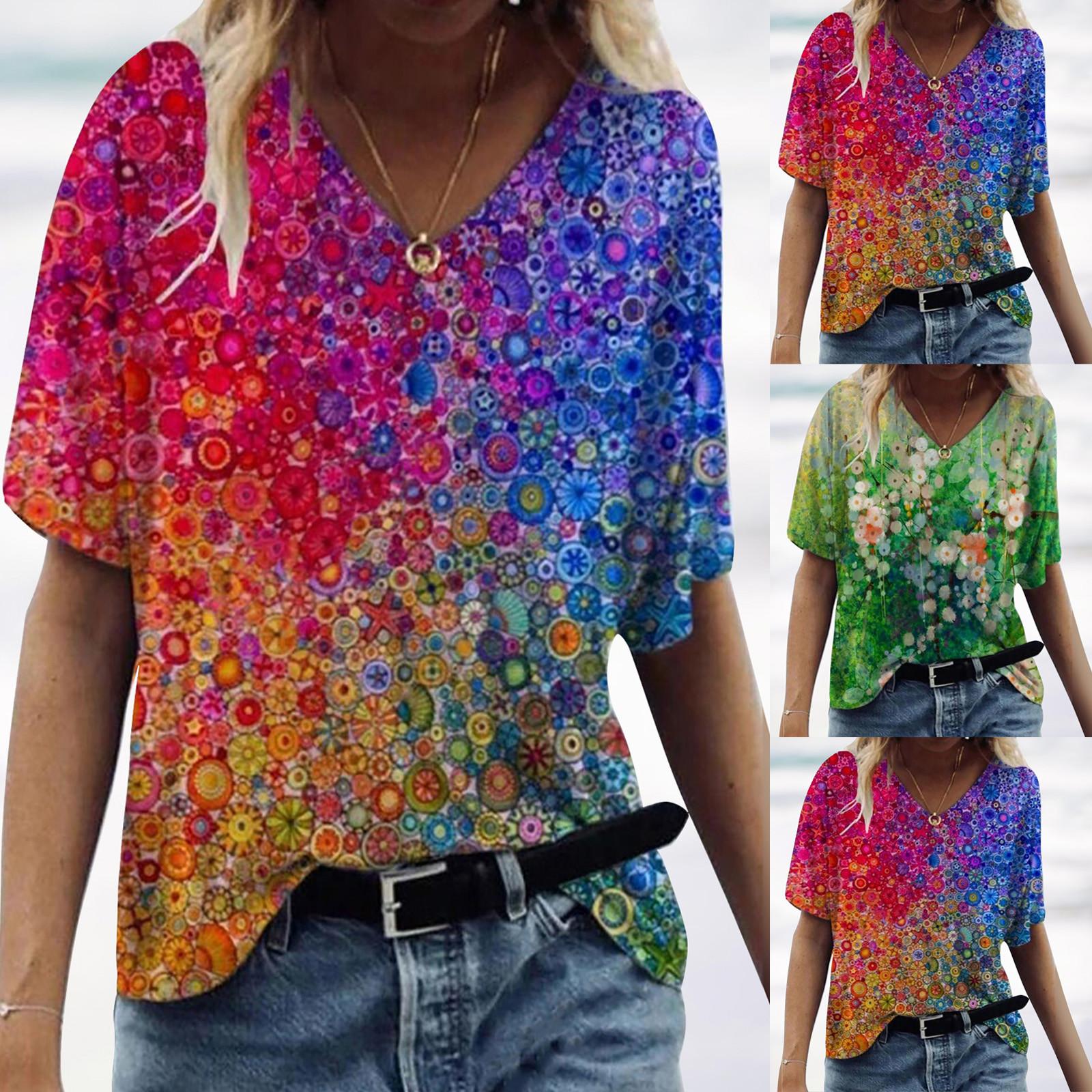 

Женская модная футболка с принтом, пуловер с v-образным вырезом, свободный топ с короткими рукавами