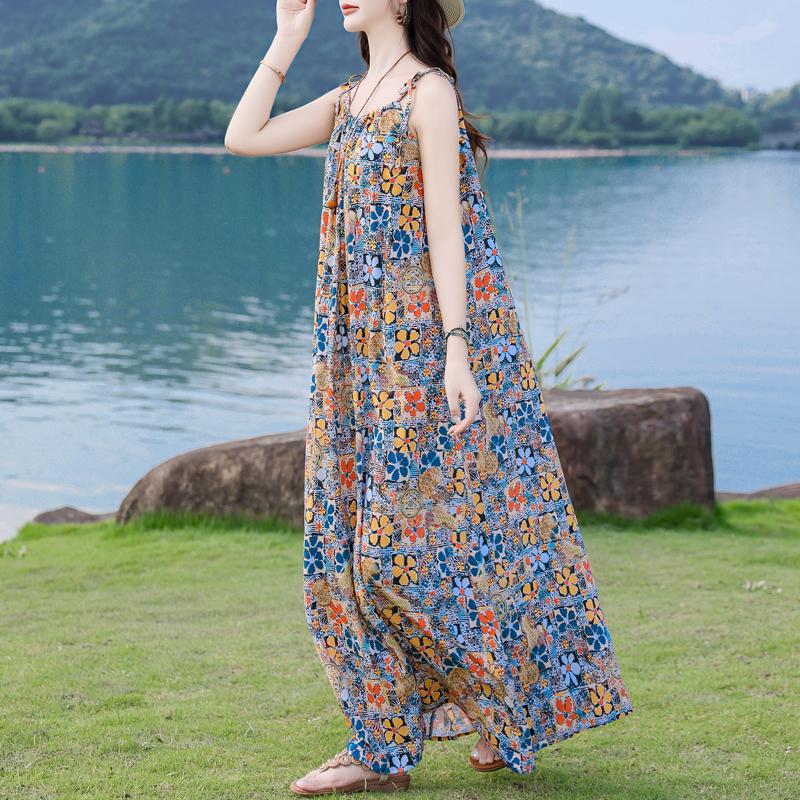 Elegant Woman Summer Strap Dress Plus Size Casual Loose Long Dress Female Vintage Clothes