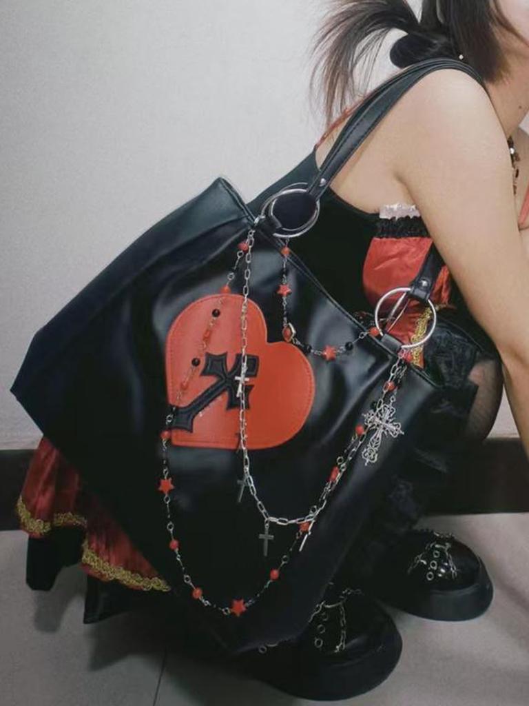 JIAERDI Y2k Grunge The Tote Bag Women Gothic Cross Pu Leather Chain Large Capacity Handbags Ladies Vintage Black Shoulder Bag