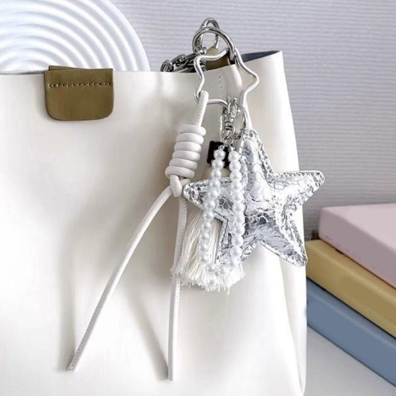 Elegant Star Pearls Beaded Keychain Charm with Tassels Bag Accessories for Handbags Backpacks and Purse Decorations