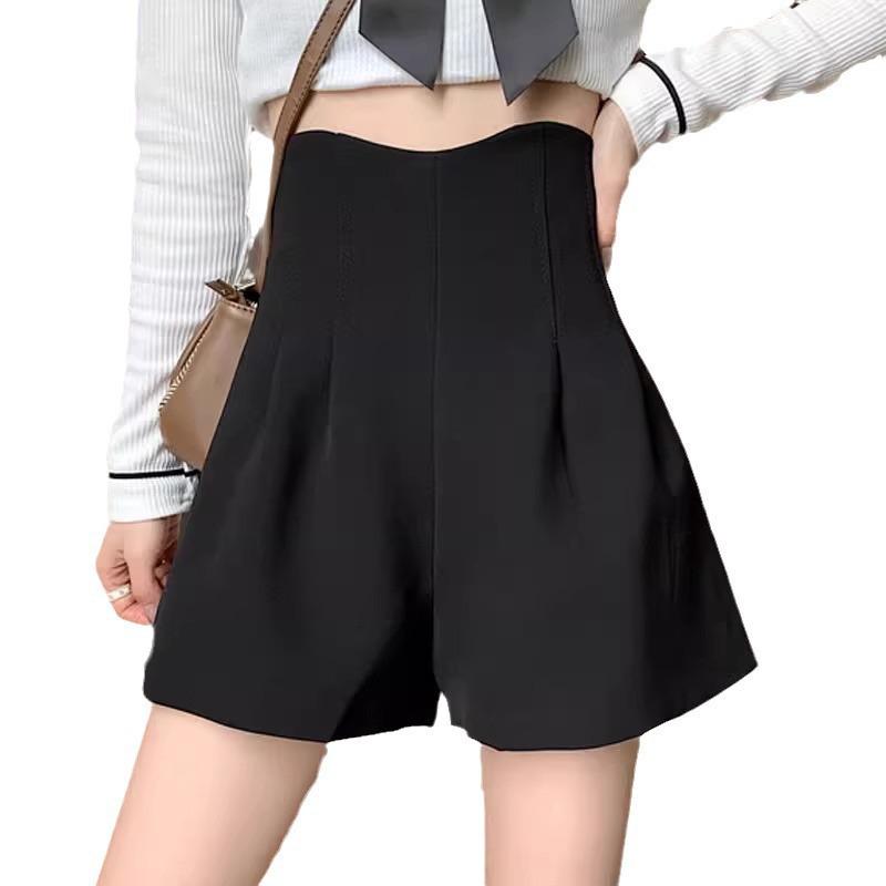 Unisex Black A-line Wide Leg Shorts - 2024 Spring/Summer High Waist Slimming, Petite, Loose Casual Fit