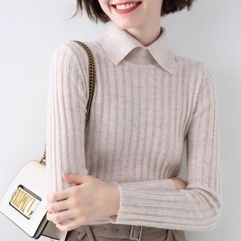 Autumn Winter Women Elegant Polo Collar Ribbed Knitted Sweater Solid Long Sleeve Slim Pullover Tops Basic Jumper Sweater