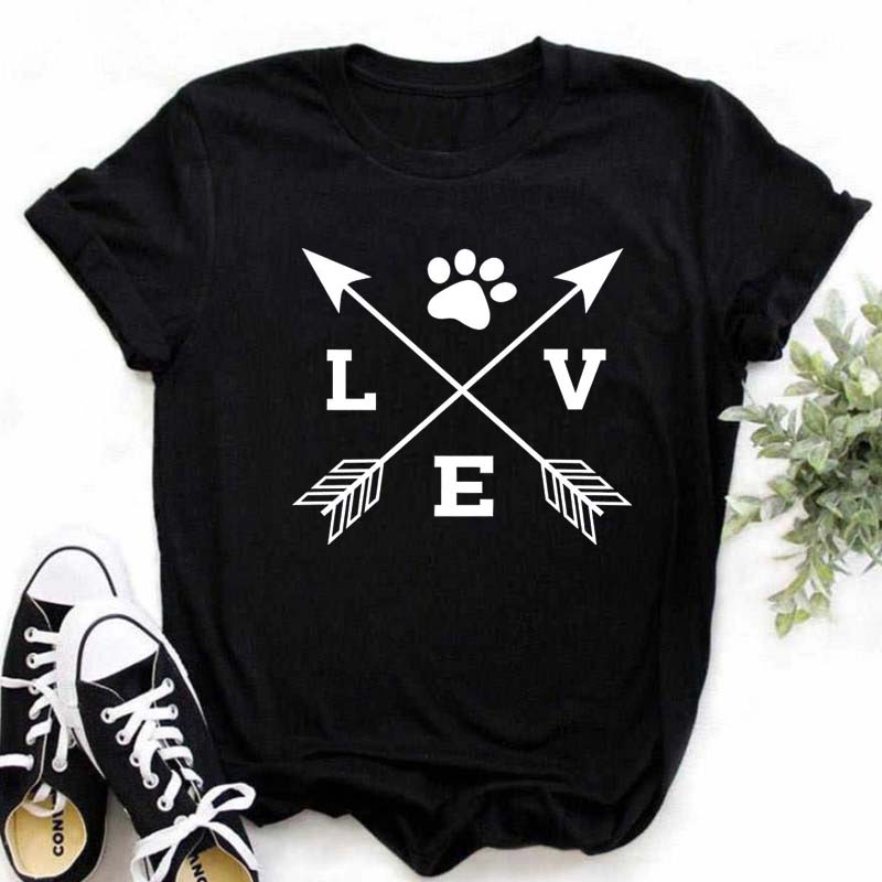 Women Dogs Paws Love Heart Printed T-shirts Fashion Summer Short Sleeve Lady Womens Clothes Tops T-Shirt Black Shirt Tees Female