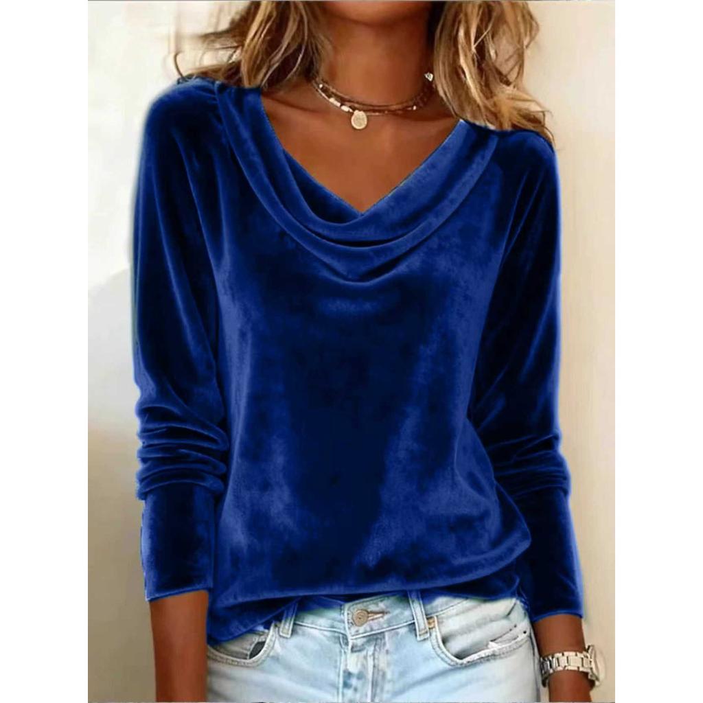 Women's Solid Color Velvet Long Sleeve T-shirt, Sexy Cowl Neck Casual Top