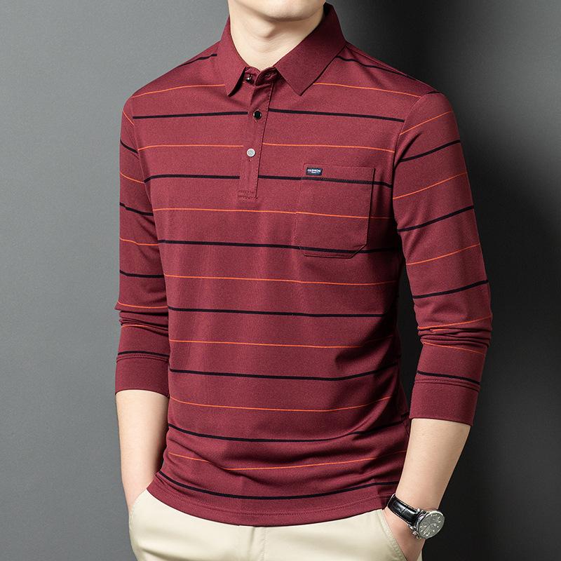 Polo pentru bărbați de afaceri cu buzunar real, cu guler, mânecă lungă, cu dungi în partea inferioară