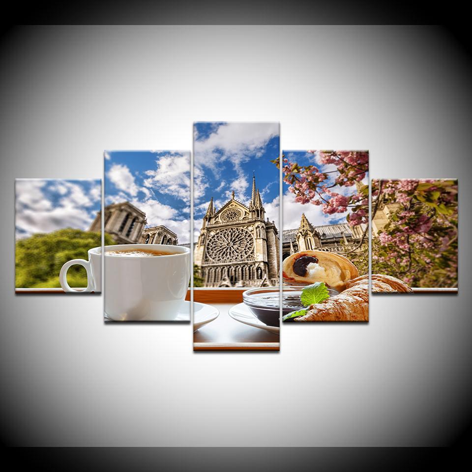 Canvas Painting Tea time coffee bread in Pair city 5 Pieces Wall Art Modular Wallpapers Poster Print for living room Home Decor