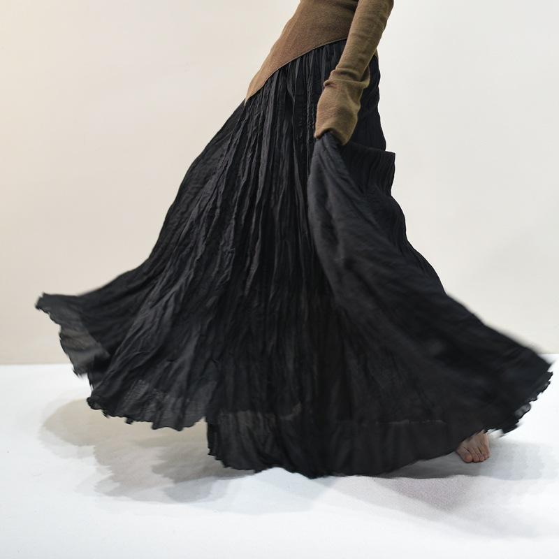 Women's Linen Maxi Skirts Summer Boho Solid Beach Elastic High Waist Pleated A-Line Flowy Swing Long Maxi Skirts Elastic Waist Long Skirt for Women