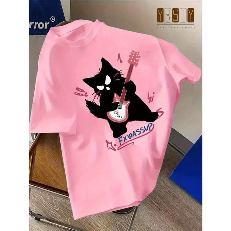 Europäische Größen Rock Elektrische Gitarre Aufdruck Kurzarm T-Shirt für und - Sommer Trendiges Lockeres Freizeit Oberteil, Freizeitkleidung, Sommer Outfit,