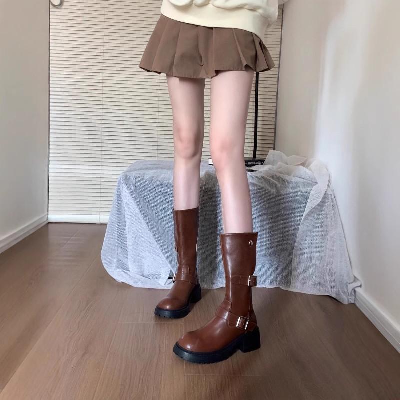 Platform British Style Boots Women's 2025 Autumn and Winter New Belt Buckle Mid Boots Rear Zipper Martin Boots Long Boots