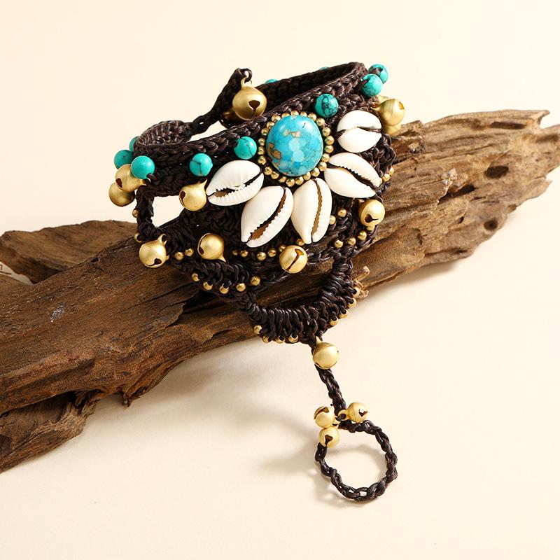 Vintage Woven Bracelet Bohemian Women's Personality Turquoise Bell Bracelet Ring Integrated Accessories