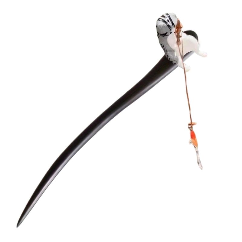 Wooden Hairpin With Fishing Cats  Chinese Style  Hair Sticks Hair Accessory For Women Daily Styling