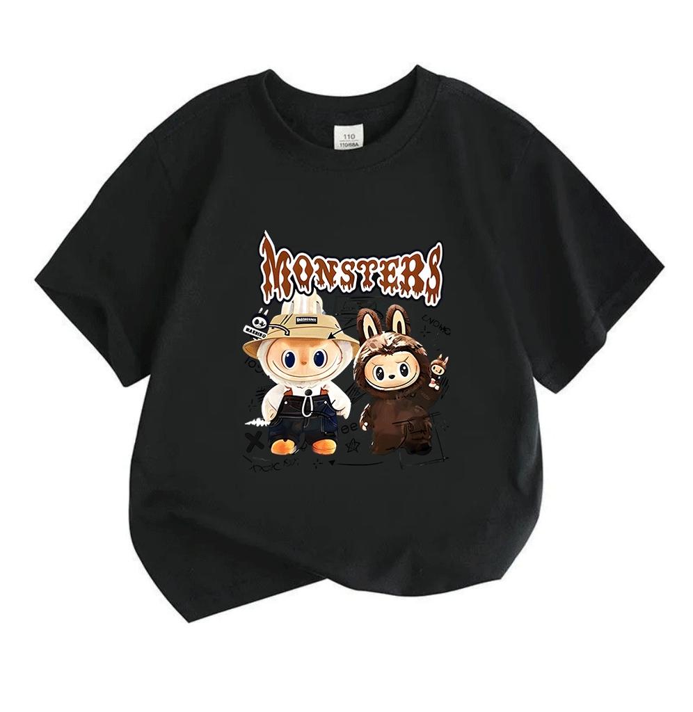 Kids Boys Girls 100% Cotton Crew Neck Short Sleeve T-Shirt, Funny Cute Cartoon Monsters Print Casual Soft Breathable Tee for Daily Wear Summer Tops