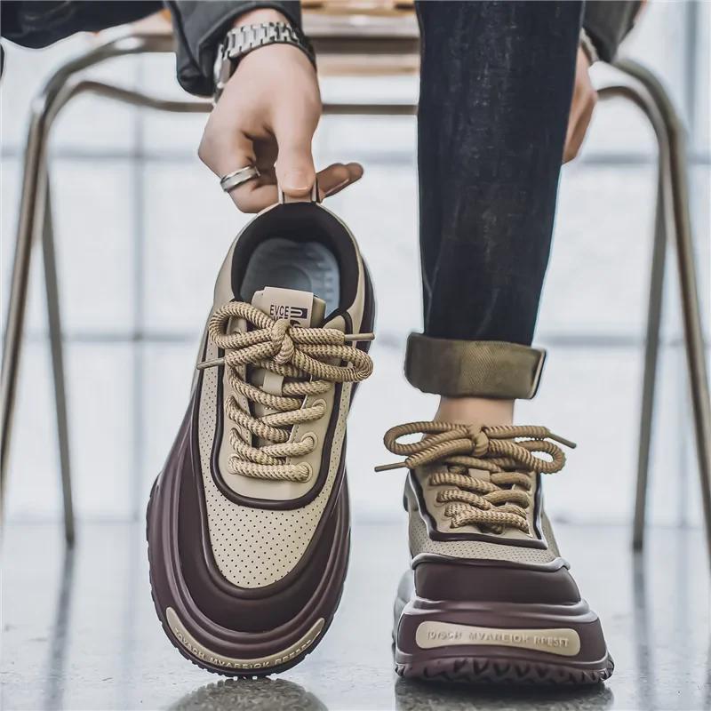2024 Men's Low-Top Thick-Soled Height-Increasing Skateboard Shoes - Leather Sports Casual Dad Shoes