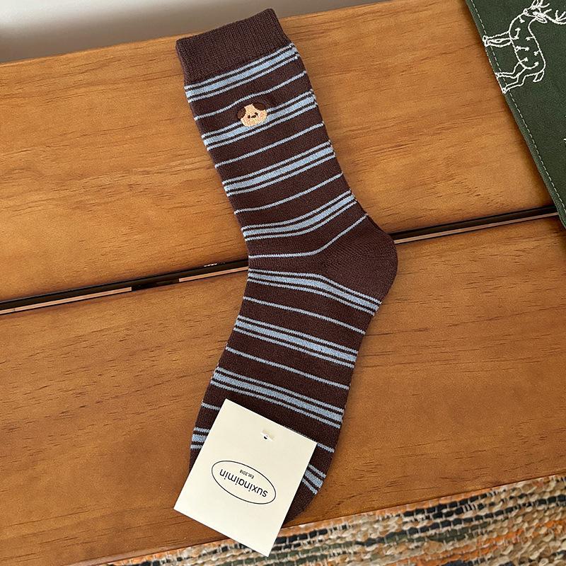 Women's Spring, Autumn and Winter Blue Coffee Mid-calf Socks Embroidered Puppy Warm Fleece Pile Socks