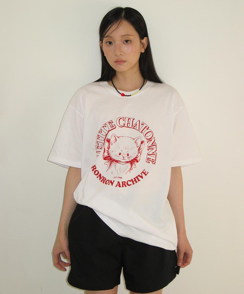RONRON Ribbon Chatonne Over Fit T Shirt White