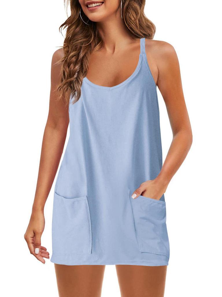 2025 Summer Sleeveless Solid Color Dress with Thin Straps & Pocket