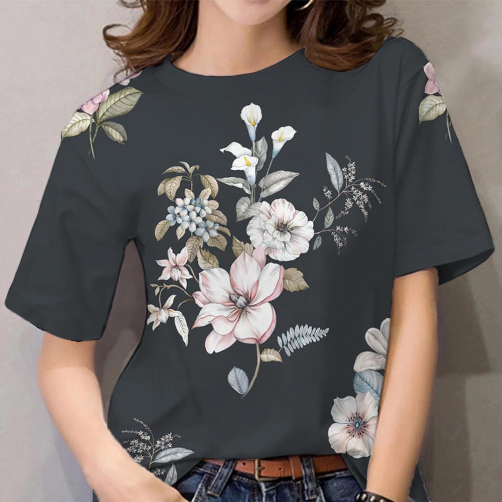 Women's Beautiful Flower T-shirt Round Neck Loose Casual Top