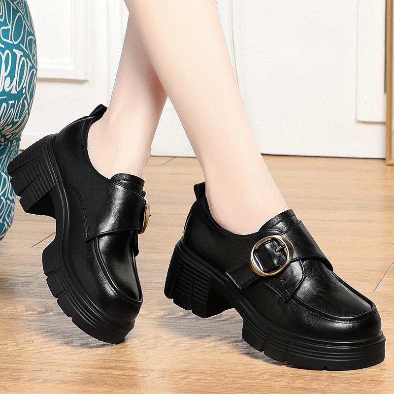 Fashion Retro Brown British Style Thick-Soled Leather Shoes For Women In Spring And Autumn Style With Skirt Versatile Deep Mouth Shoes