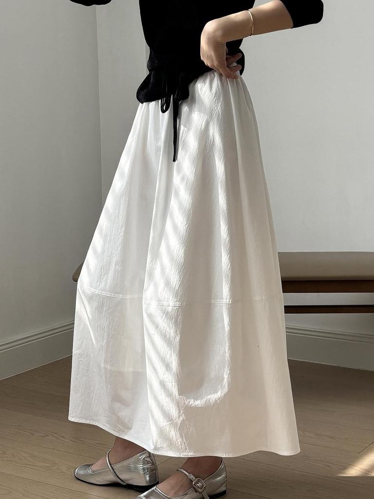 Women's French Style White Midi Skirt, High Waist, Petite A-Line Umbrella Design, Summer 2025 Collection.