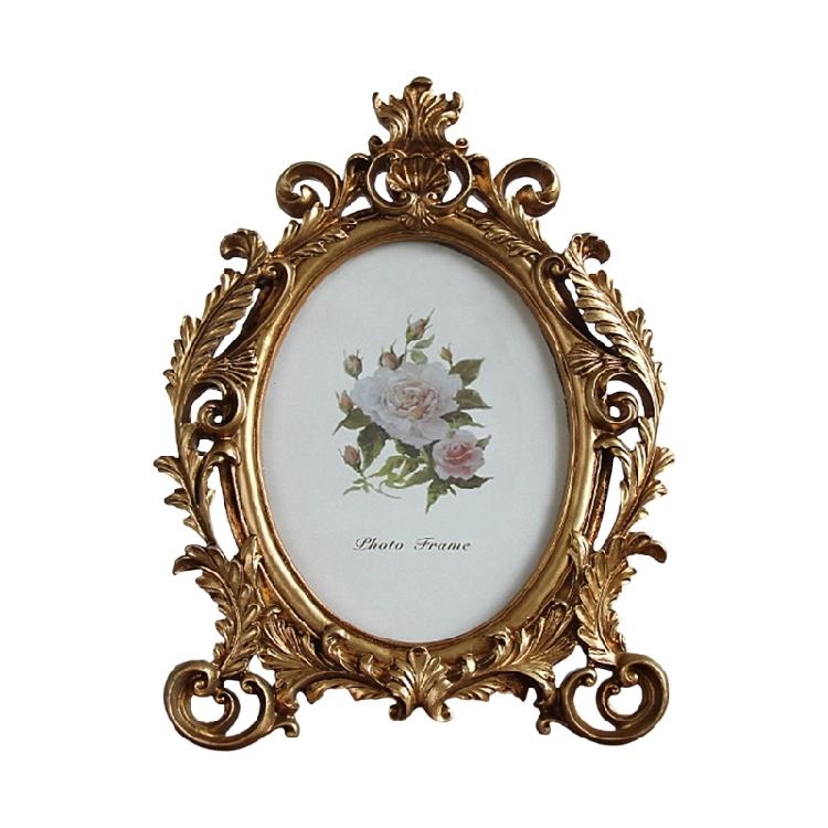 Golden Flowers Photo Frame With Antique Design Resin Oval Shape Picture Frame For Anniversary Wedding Or Housewarmings