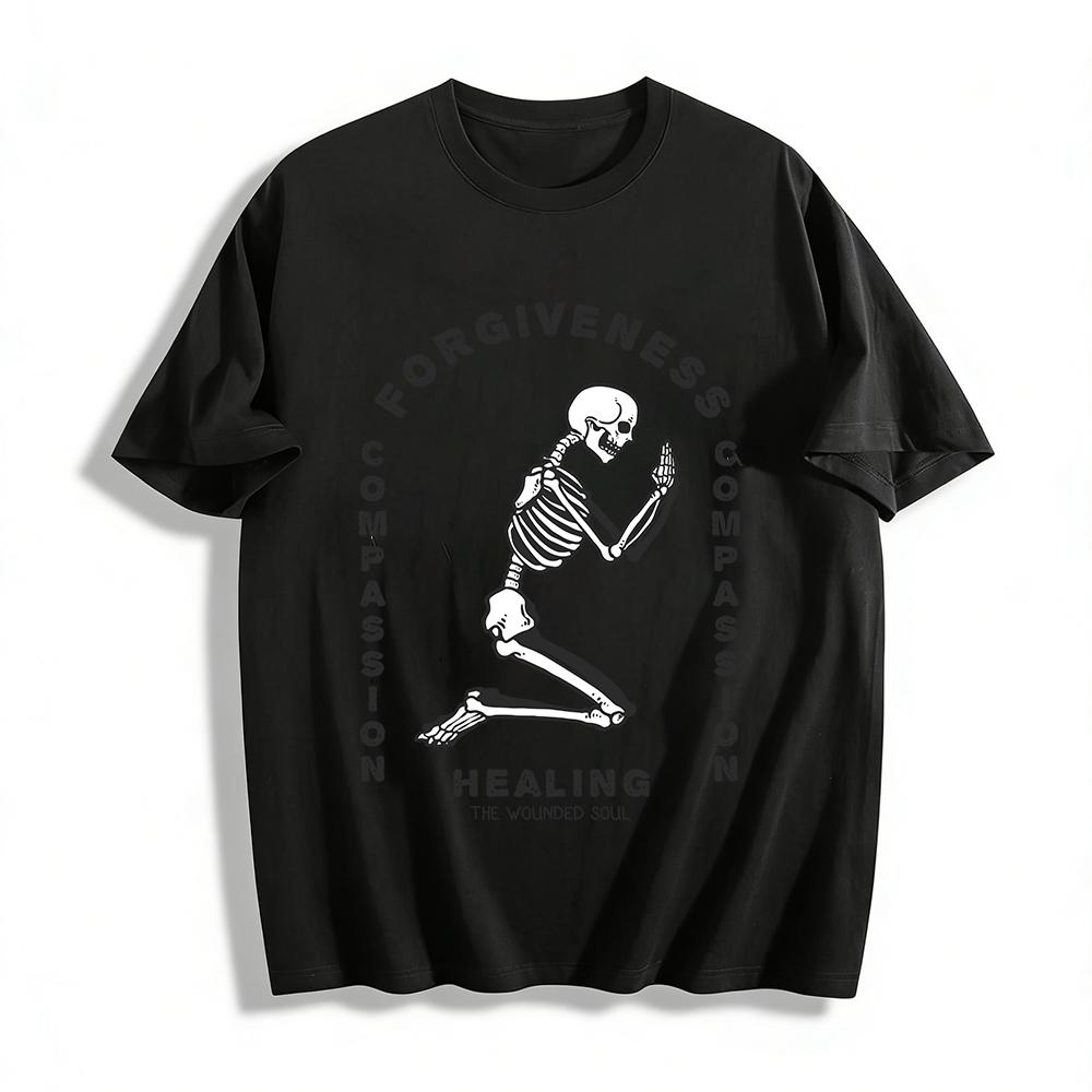 

Forgiveness Compassion Healing Skeleton Pray Graphic Tee Pure cotton T-shirt 6XL