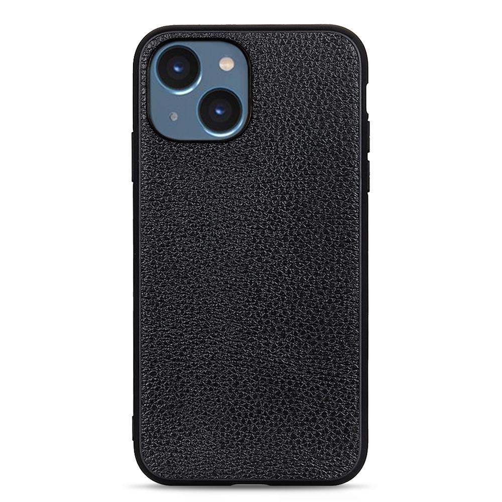 

Litchi Texture Phone Case for iPhone 15,Genuine Cow Leather+PC+TPU Anti-Scratch Hybrid Cover Black