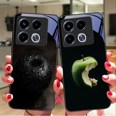 Black Apple Stone For Infinix Note 40 4G 30i 12 G96 Smart 8 Hot 9 Play 10 11S 12 20i 50 Pro Plus 5G Tempered Glass Phone Case