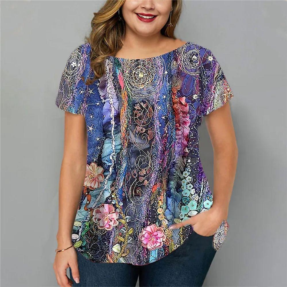 Summer Round Neck Floral Graphic 3D Print Top Fashionable Casual Short Sleeved Plus Size Women's T-shirts