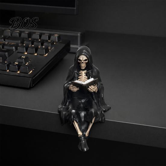 Skeleton Desktop Decor Halloween Reading Book Figurine, Spooky Devil Resin Sculpture, Gothic Ornament Black Robe Grim Reaper Statue for Home