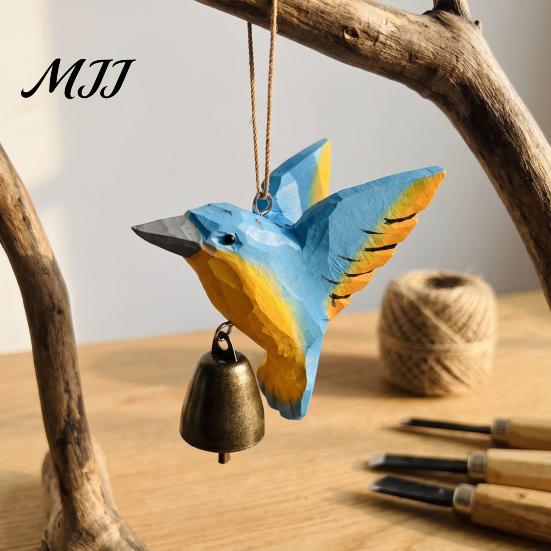 Eco Friendly Hanging Ornament Hand Carved Wooden Bird Wind Chime, Rustic Bell Decor Handmade Hummingbird Chimes with Rope, Wood Pendant for