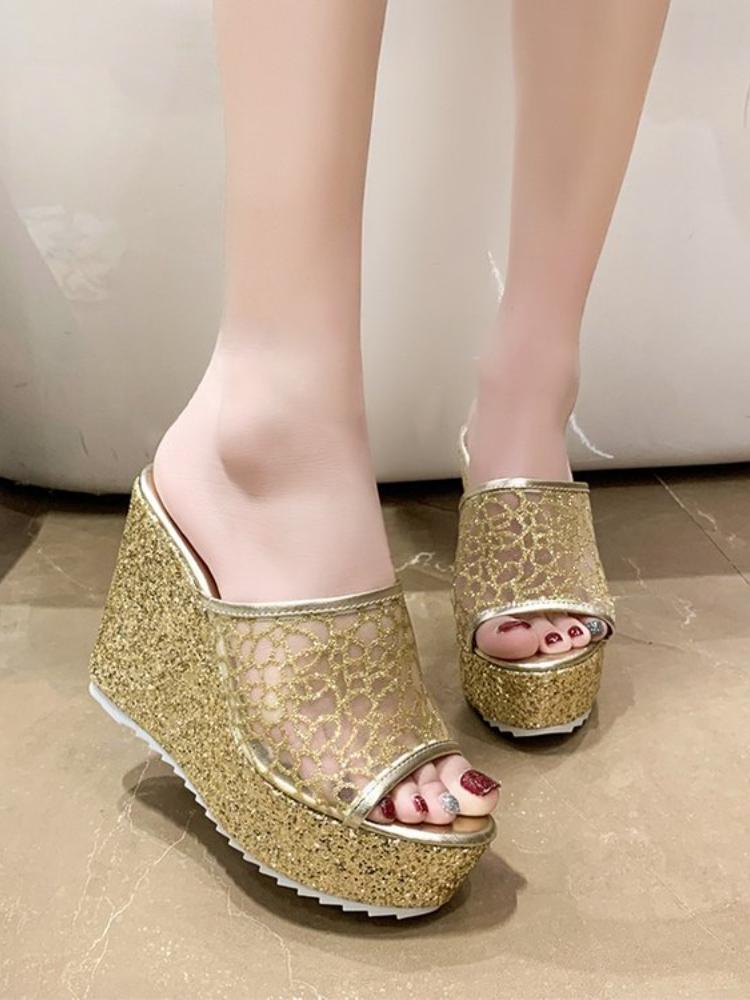 Bling Golden Women Slippers Summer Shoes Platform(4cm) Outside Fitting-room 11cm High Heels Wedges Solid Mesh Female Slides